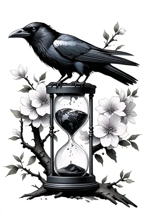 A raven on a branch with Japanese flowers.holds an hourglass whose glass has broken and the earth is spilling out tattoo design idea