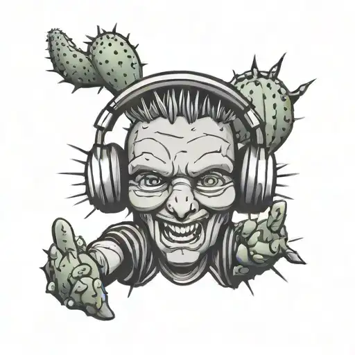 cactus with double thumbs up wearing headphones with lightning bolts coming from head tattoo design idea