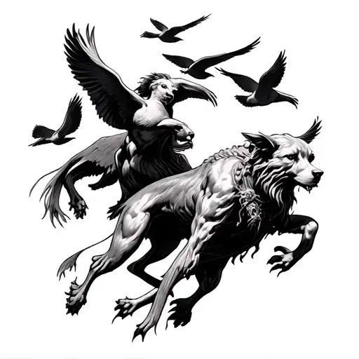 realistic hades and Cerberus guarding the gates doves flying tattoo design idea