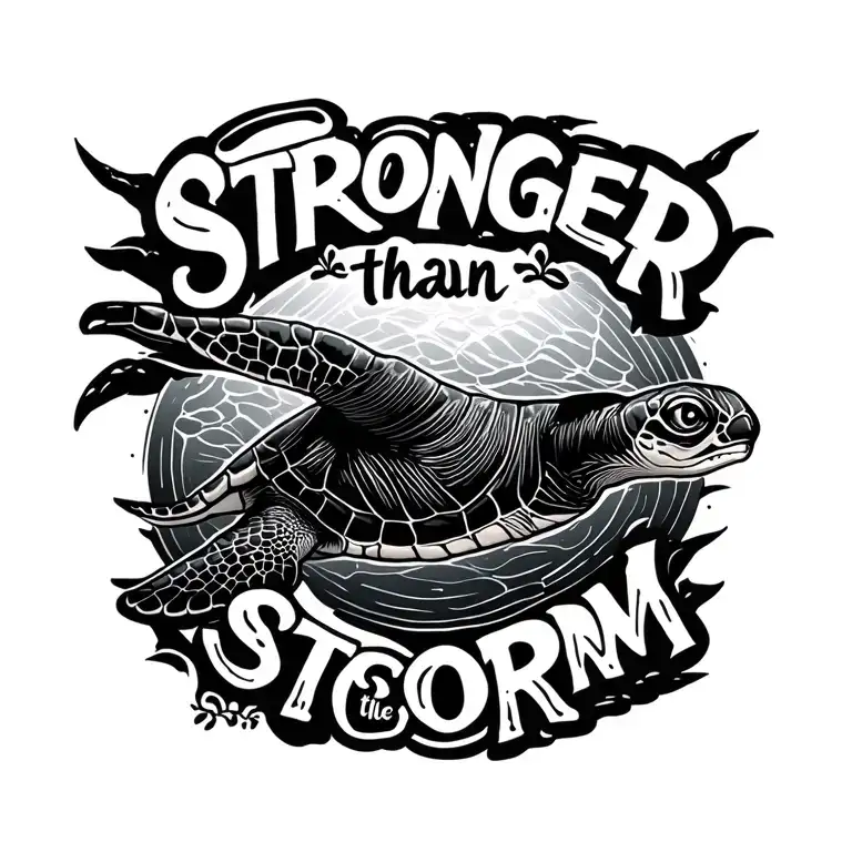 "Stronger than the storm" sea turtle swimming tattoo design idea