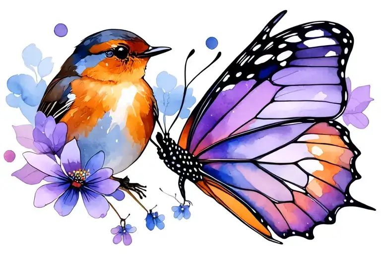 robin and butterfly - colour scheme of blues and purples tattoo design idea