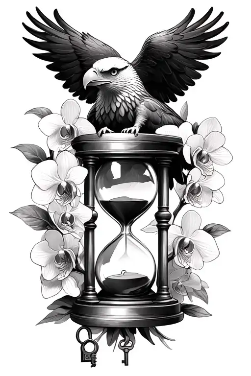 black and white sketch of eagle represents protection of my kids with simple hourglass, orchids and lock and key  tattoo design idea