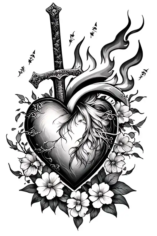 set our heart ablaze in japanese with rengokus sword and flowers surrounding  tattoo design idea