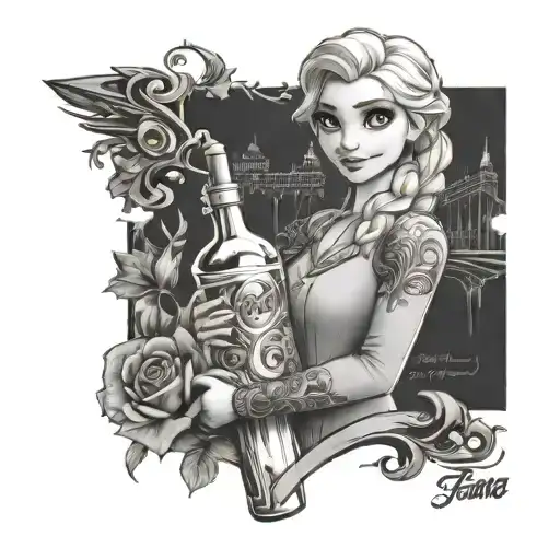 elsa from frozen holding a big bottle of fanta bottle tattoo design idea