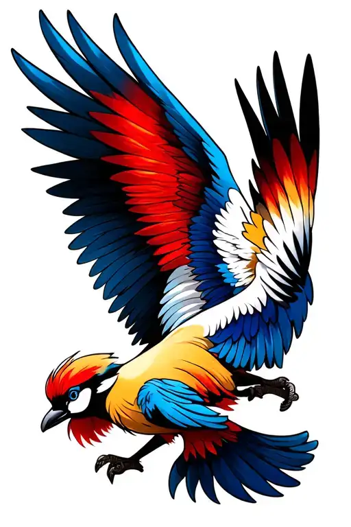 Griffin but its part lion part taiwanese blue magpie. Dynamic. Inside of wings visible and spread. two such baby griffin tattoo design idea