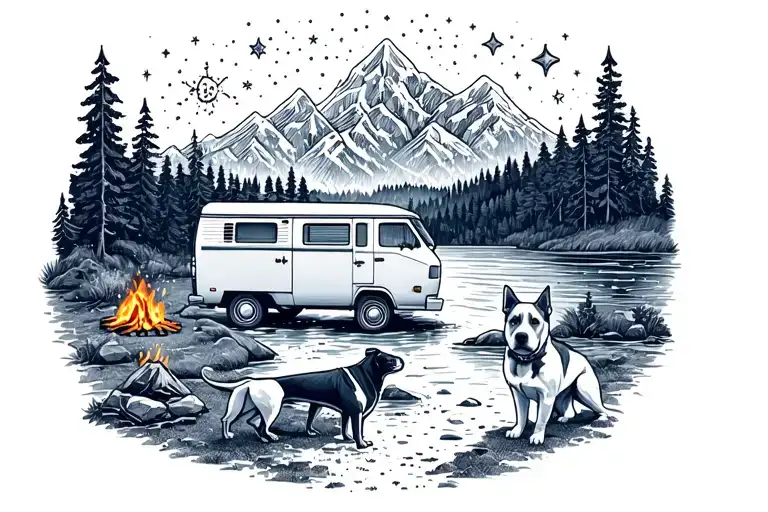 Campervan with a staffie and an Alsatian in the mountains with the stars and a river, lake, and campfire  tattoo design idea