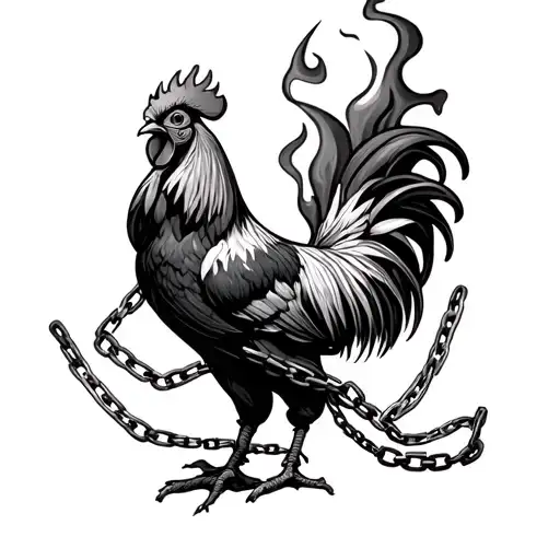 rooster on fire flames with a chain wrapped tattoo design idea