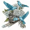 train, blue carnations, blue bird tattoo design idea