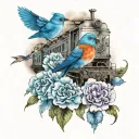 train, blue carnations, blue bird tattoo design idea