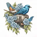 train, blue carnations, blue bird tattoo design idea