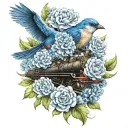train, blue carnations, blue bird tattoo design idea