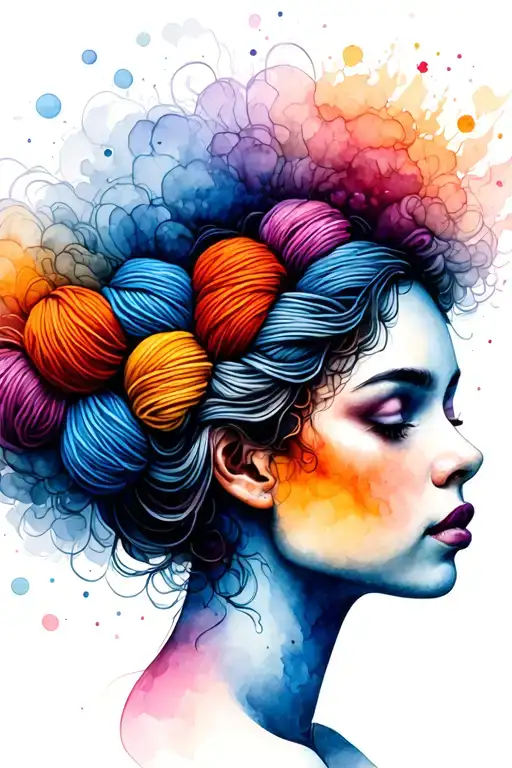 side profile female face with yarn exploding from top it tattoo design idea