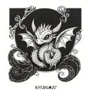 A baby dragon wrapped around a KyranJay logo tattoo design idea