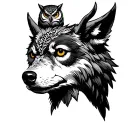 scottish stag head wolf head owl perched on top tattoo design idea