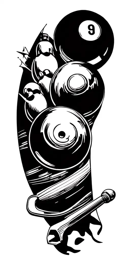 1600 sail ship, bowling ball hitting pins, pool 9 ball and cue stick, mechanic wrench on forearm tattoo design idea