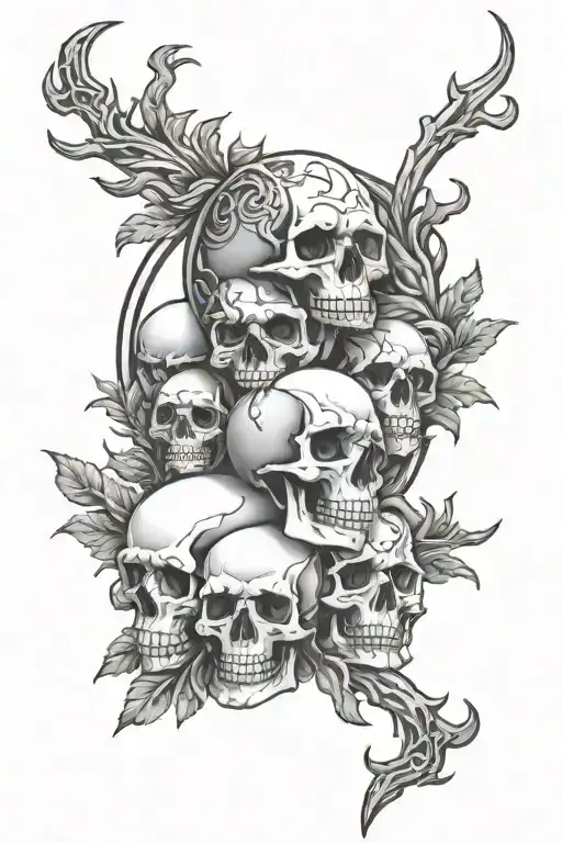 noonwraith, wreath of skulls, slavic runes as background tattoo design idea