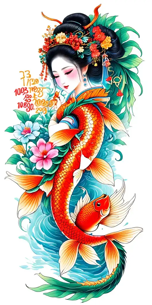 "1973-1998-2005" Japanese, dragon, geisha girl, koi carp Masonic symbols, bright colours, flowers, full colour tattoo design idea