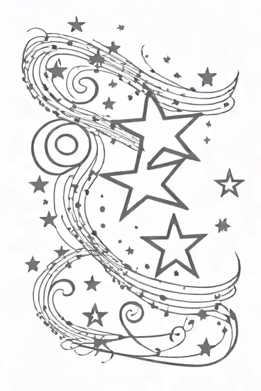 Star Galaxy with music notes in. Wind of smaller stars and music notes minimalist girly I want I to wrap around the fore tattoo design idea