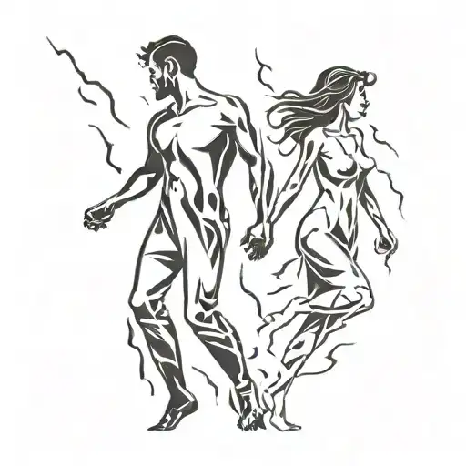 man woman faint shadows reaching each other in the middle of a storm tattoo design idea