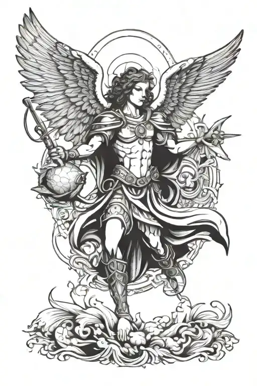 archangel Raphael holding staff wings spread with fish jumping in background tattoo design idea