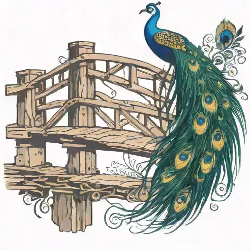 wooden bridge with peacock feather intertwined tattoo design idea