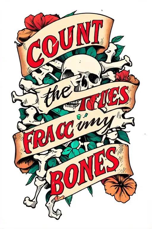 The text" count the fractures in my bones" in a bold font and an image of broken bones tattoo design idea
