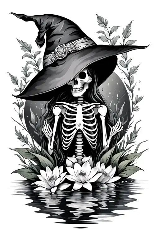 witchy skeleton herbs intertwined with water lilys and water with a moon tattoo design idea