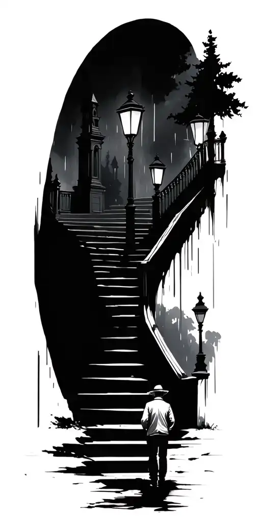 stairs, street lights, trees, coming up into cathedral, smaller stairs, less reaistic, add rain and guy with umbrella tattoo design idea