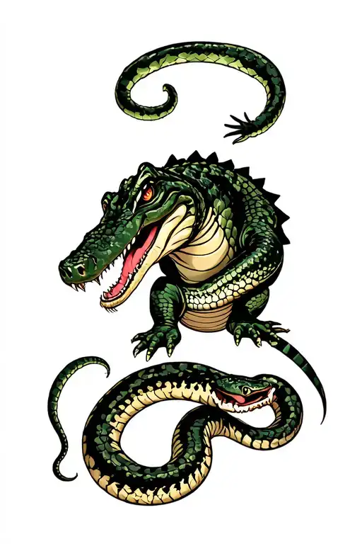 alligator and snake battle royale tattoo design idea