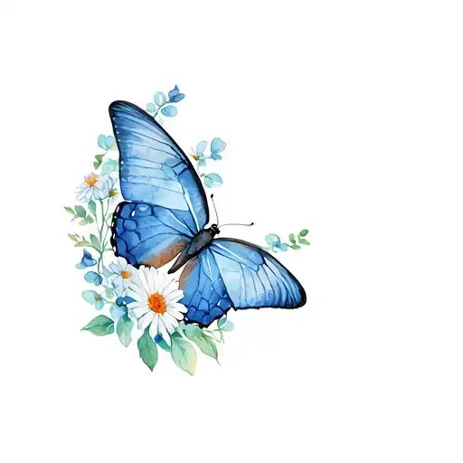 blue morpho butterfly, gerberas, vines tattoo design idea