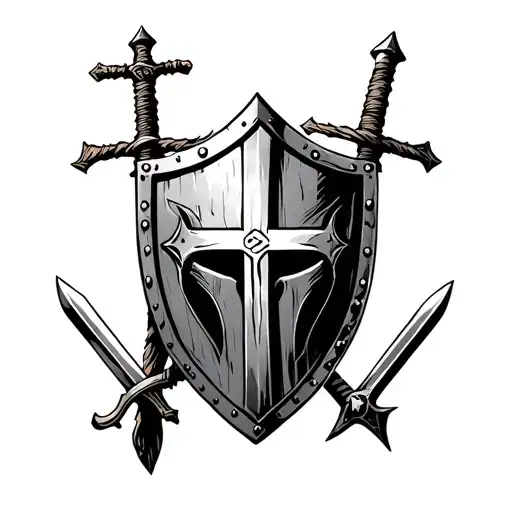 warrior helmet on the left side, warrior shield with Jesus cross in the middle, and sword  tattoo design idea