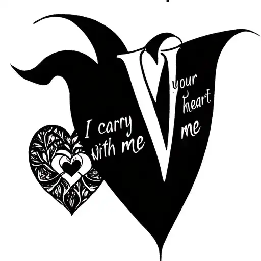 "I carry your heart with me" Initial V incorporated within heart tattoo design idea