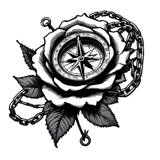 rose nautical compass fine line drawing realistic with Chain wraparound arm  tattoo design idea