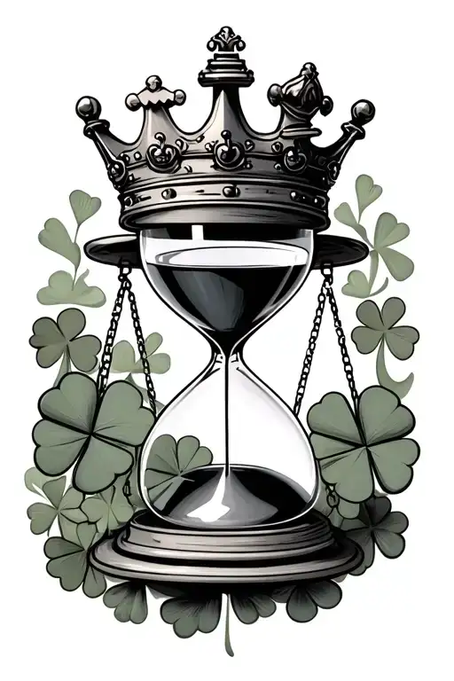 hour glass chess king crown and 4 leaf clover surrounding on the bottom put a balance  scale  tattoo design idea