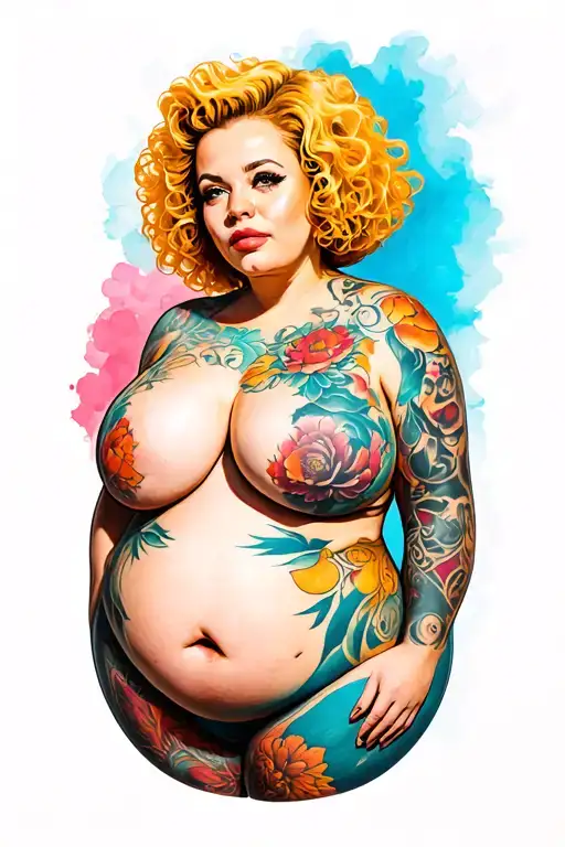 A fit short haired, curly blonde, emerging from a fat version of herself tattoo design idea