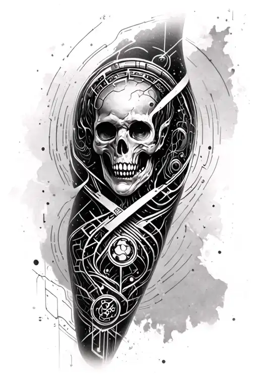 Black and Gray Tattoo Mini Realism in the calf, composed of artificial intelligence and techno symbols tattoo design idea