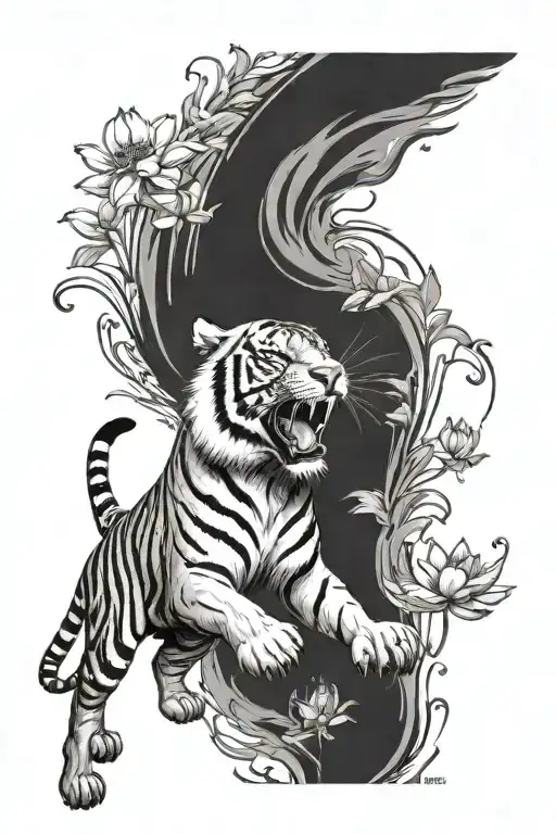 screaming full body of tiger with lotus flower tattoo tattoo design idea