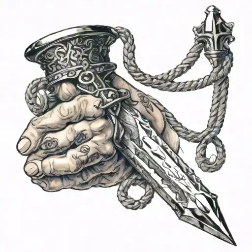 Sword of Damocles suspended from the end of a thin rope held by the fingertips of a hand tattoo design idea