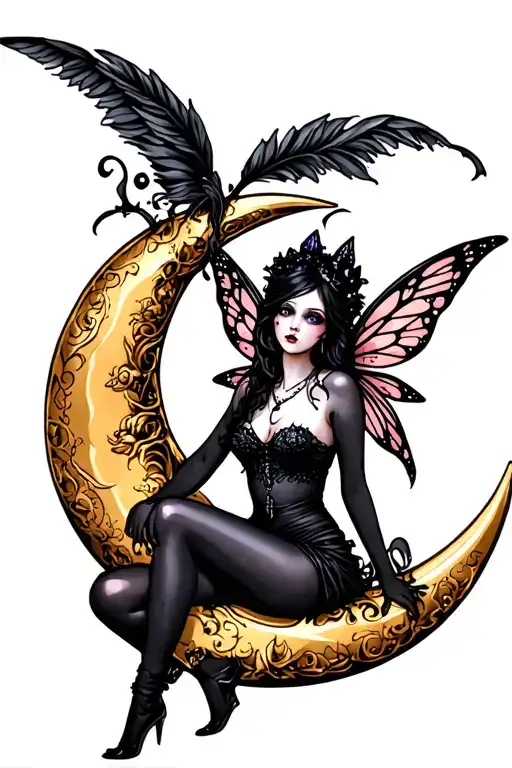 Goth fairy sitting on Crescent moon tattoo design idea