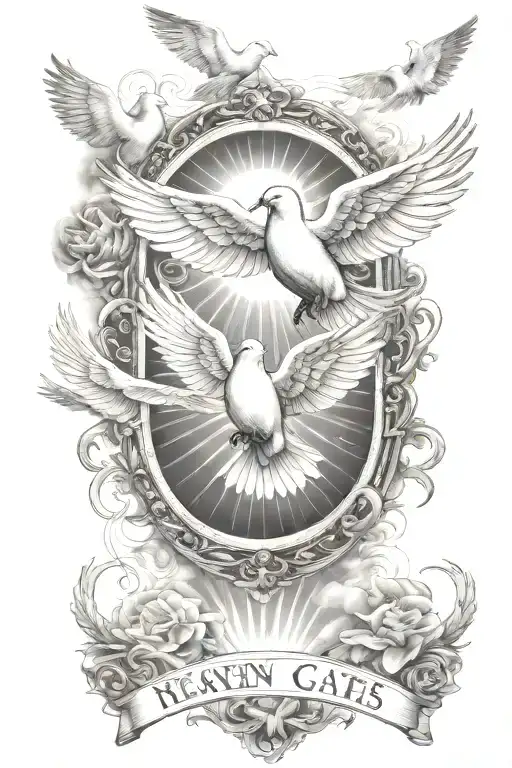 Heaven gates doves flying towards the sun, scripts memorabilia  tattoo design idea