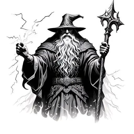 Wizard from straight BEHIND. Like a rockstar, holding staff up in left arm. Lightning strikes STAFF. Right arm DOWN. tattoo design idea