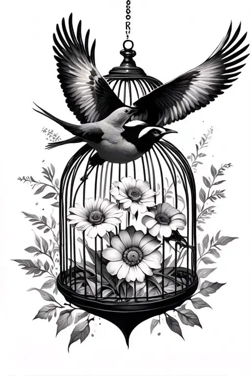 and still I rise, open cage three birds flying out, 4 birth month flowers nov april march oct blooming from ashes tattoo design idea