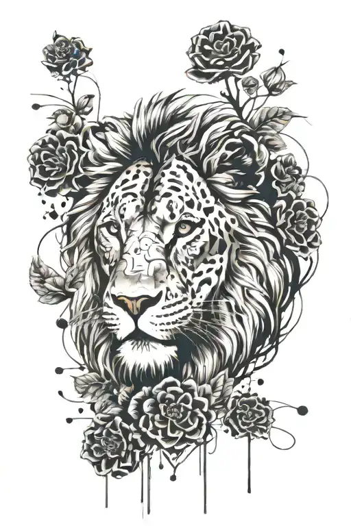 lion with GERANIUMS and ruby eyes looking tattoo design idea