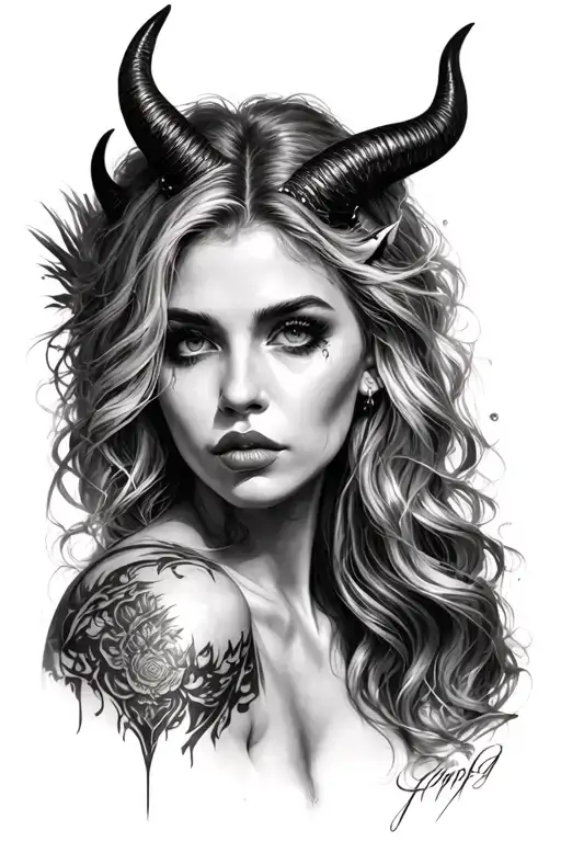 woman as a devil horns tattoo design idea