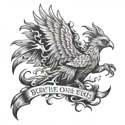 A phoenix rising from the ashes with the quote 'burn the ships and don't look back' tattoo design idea