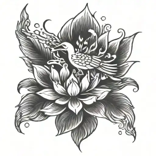 phoenix and lotus flower blooming tattoo design idea