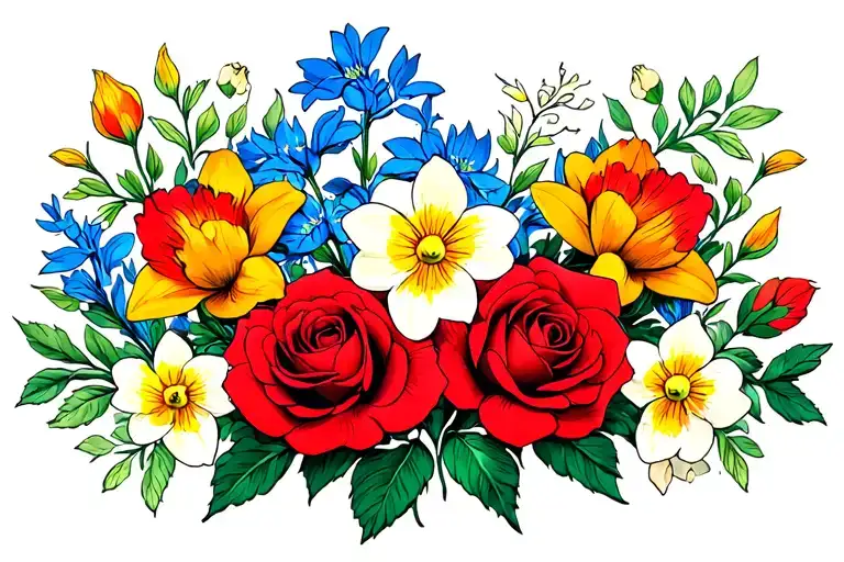 red roses larkspur daffodil peony snowdrop flowers horizontal line tattoo design idea