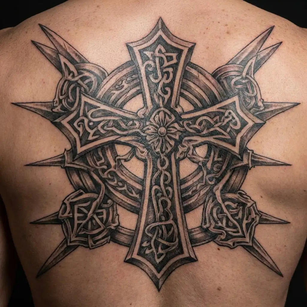 Celtic cross with Philippines sun in background black tattoo design idea