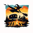 silhouette of sexy witch flying on broomstick over a campsite with a trailer and campfire with 3 boy children & 2 dogs  tattoo design idea