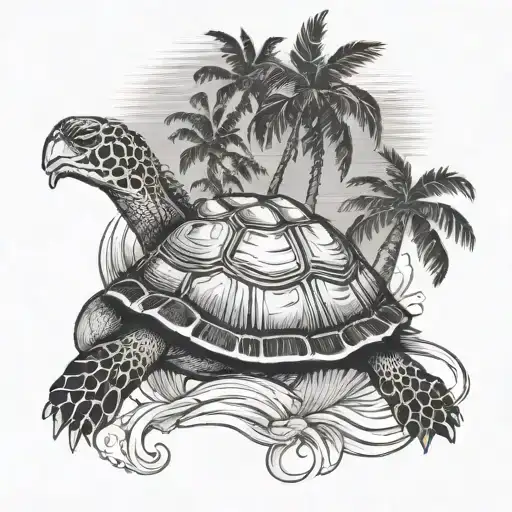 Palm tree, turtle, shell, wave tattoo design idea